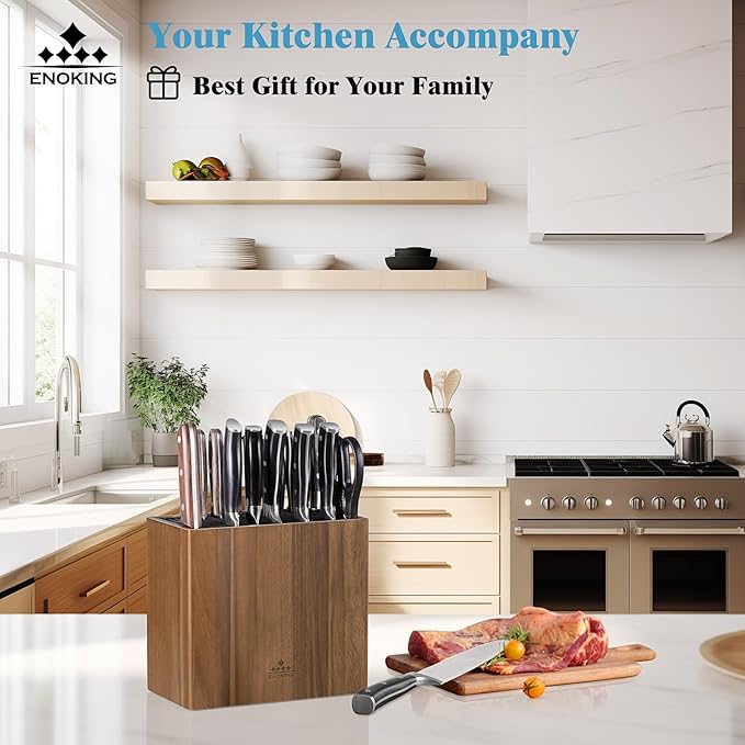 ENOKING XXL Acacia Wood Knife Holder – Large Universal Knife Block with Blade-Protecting Slots, Holds 26+ Knives, Scissors, and Sharpening Rods, Space-Saving Kitchen Storage Organizer