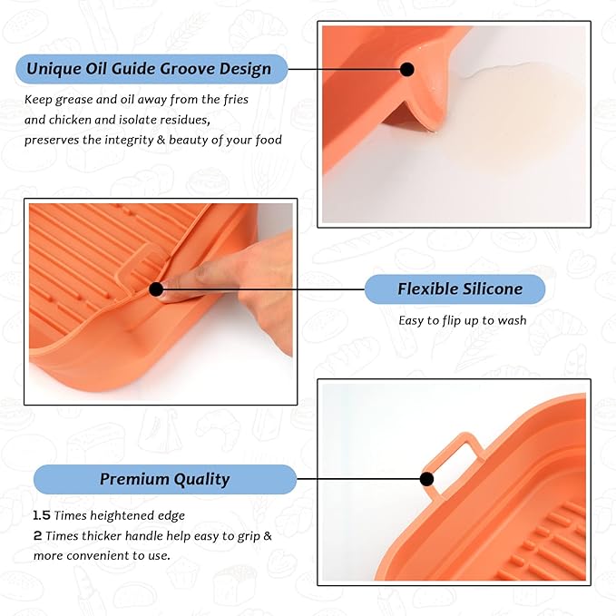 [2 Pack] Silicone Air Fryer Liners Square - Reusable Airfryer Basket - Easy to Clean Air Fryers Pot for 5.8 to 8 Qt Large Air Fryer Baking Tray Oven Accessories, 8.5 Inch