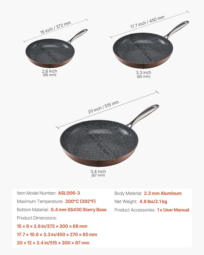 VEVOR Frying Pan Skillet, 3 Piece (8, 10, 12 in), Nonsitck Ceramic Heavy-Duty Skillets with Heat-Resistant Handle, Chef's Cookware, for Oven, Gas, Electric, Induction, Grey