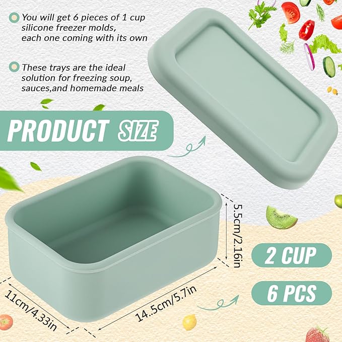 6 Packs 2 Cup Silicone Soup Freezer Molds with Lid Silicone Soup Freezer Trays Rectangle Reusable Food Preserving Tray Freezing Sauces Stews(Sage Green, Beige)