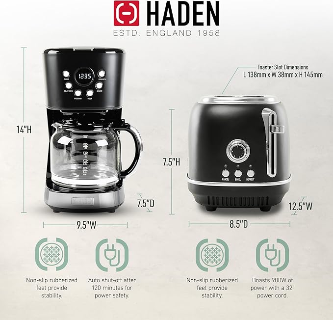 Haden 12 Cup Programmable Drip Coffee Maker Coffee Machine Bundled with Heritage 2 Slice Wide Slot Stainless Steel Toaster, Turquoise & Chrome