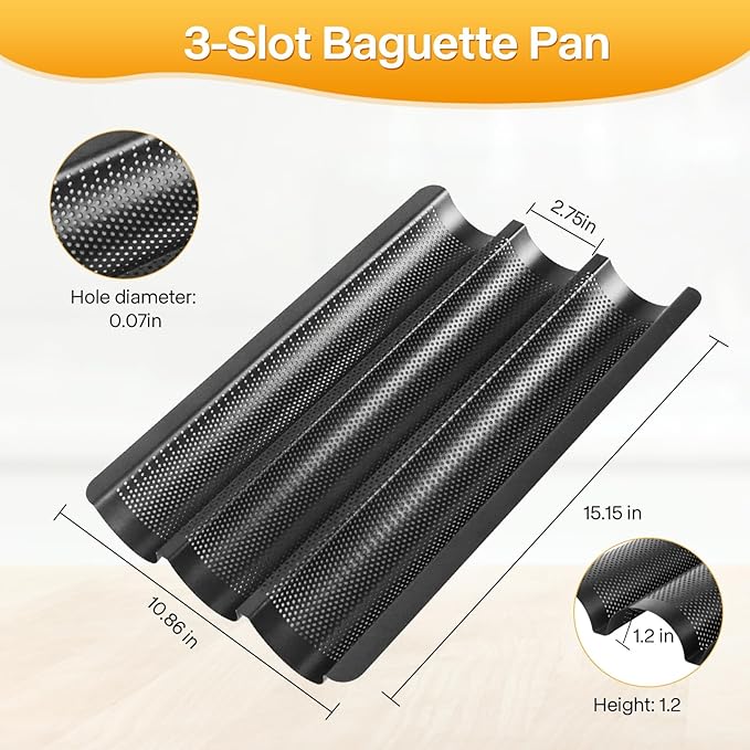 French Baguette Bread Pan, 3 Loaf Bread Pan Nonstick, Perforated Baguette Tray, Oven Safe, Health Homemade Bread Baking Supplies with Couche, 15x11 Inch, Round Corner and Heat Evenly, Black