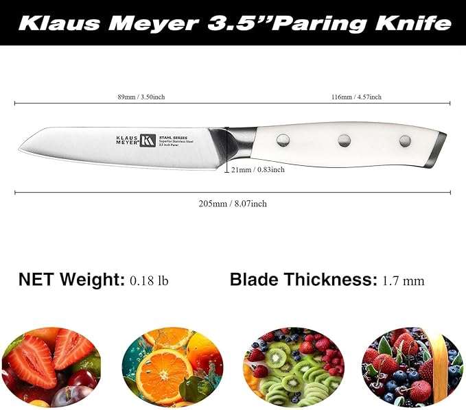 Klaus Meyer Stahl 3.5 inch Paring Knife High Carbon Exclusive German Steel Fruit Knife, Small Kitchen Knife with Ergonomic Handle (White)