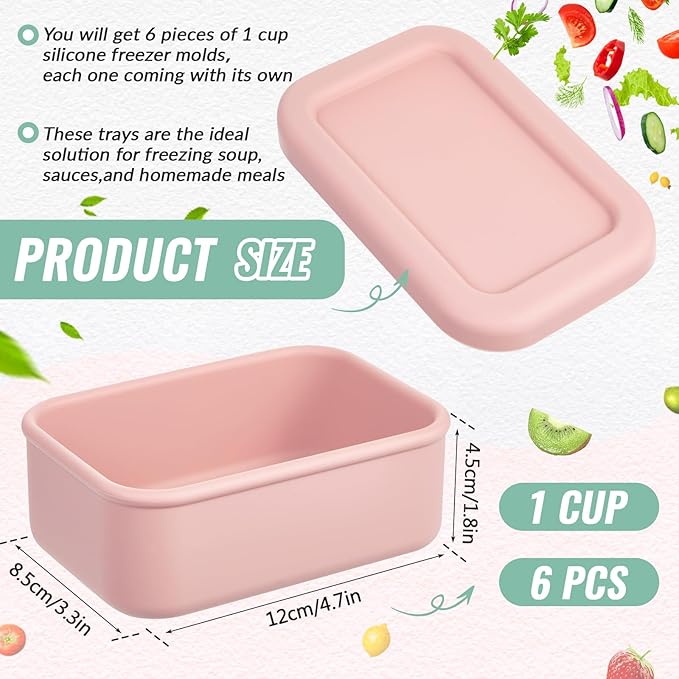 6 Packs 1 Cup Silicone Soup Freezer Molds with Lid Silicone Soup Freezer Trays Rectangle Reusable Food Preserving Tray Freezing Sauces Stews(Pink, Sage Green)