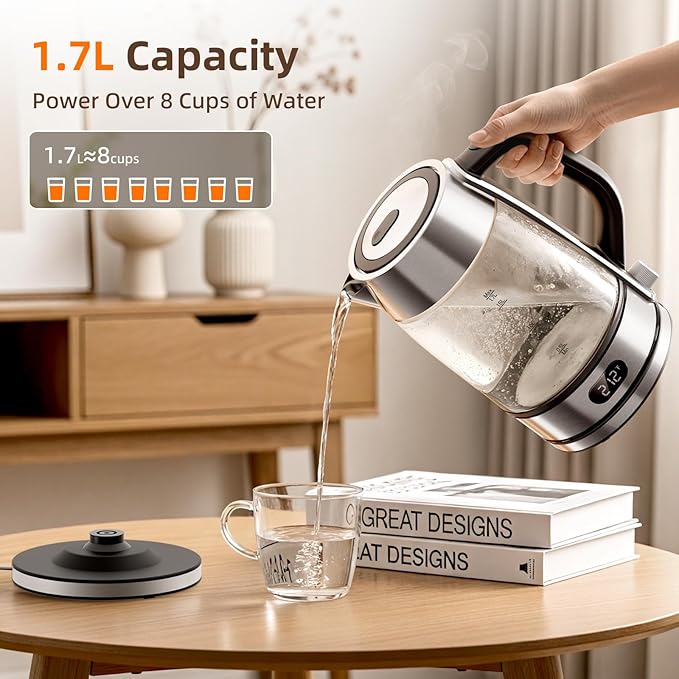 Kndko Electric Kettle,Temperature Adjustmenet, Stainless Steel Filter and Cover,1.7L Tea Kettle & Hot Water Boiler For Coffee & Tea, Automatic Shut Off,1500W, Black and Silver