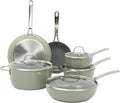 Sur La Table Kitchen Essentials Cool Commune Hard Anodized 10 Piece PFA Free Ceramic Non stick Interior Forged Durable Aluminum Pots and Pans Cookware Set - Green - Induction Compatible