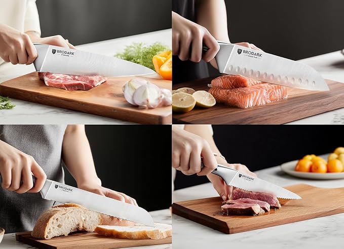 BRODARK Knife Block Set: Kitchen Knives Set with Block and Sharpener, 15 Pcs Ultra Sharp Chef knife, High Carbon Stainless Steel, Ergonomic Handle Non-Slip Grip, Silver Wolf Series for Christmas Gift