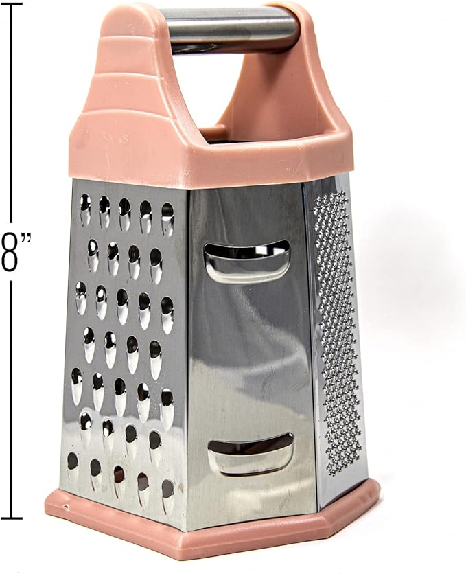 Beille 6 Side Stainless Steel Grater Top Handle Zester Slicer 7.75 Inch, Pink