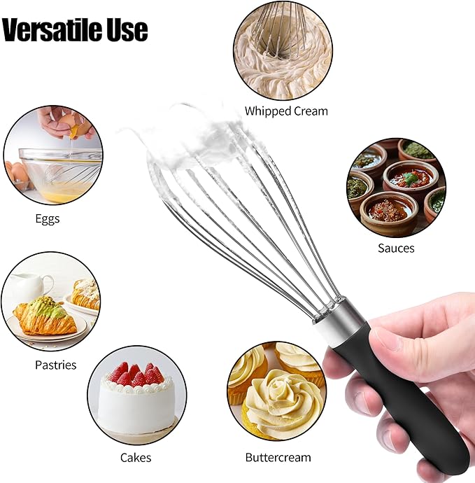 18/8 Stainless Steel Balloon Whisk, Doosu Kitchen Whisk for Cooking Handheld Egg Beater with Rust-Proof Sturdy Wires & Non-Slip Silicone Handle for Beating, Stirring, Blending (6 Wires, Black)