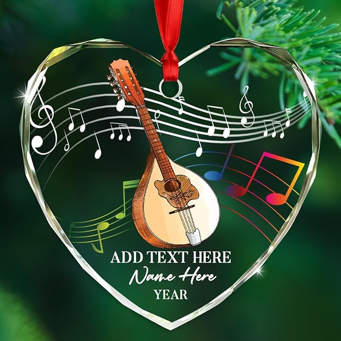 Personalized Mandolin Musical Instrument Glass Ornament, Customized Year Text Name Christmas Ornaments Gift for Mandolinist Women Men Mandolin Musical Player, Mandolins Instrument Glass Xmas Ornament