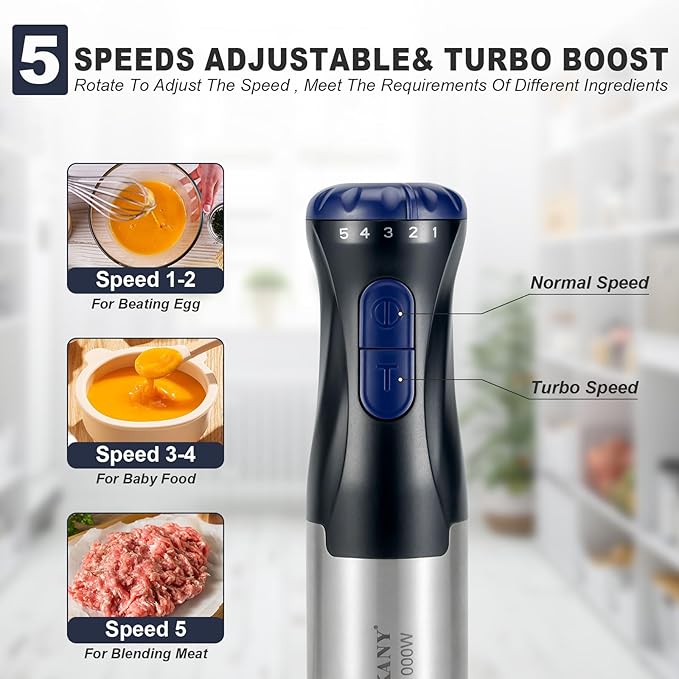 Immersion Blender, 4 in 1 Hand Bender Max 1000W, 5 Speeds & Turbo with Copper Motor Stainless Steel Blade, Handheld Blender Stick Mixer with Egg Whisk, 700ml Beaker & 500ml Chopper Bowl
