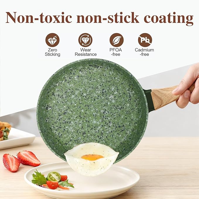 8.5 Inch Nonstick Frying Pan Skillet, 4mm Thick Aluminum Cookware with PFOA-Free Non-Toxic Coating, Induction Compatible, Dishwasher Safe, Bakelite Handle for Eggs & Pancakes, Green