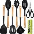 Large Silicone Cooking Utensils Set 7 Pcs, Wooden Handles Heat Resistant Spatula Set, Food Grade Silicone Kitchen Utensils Set with Holder, Gadgets BPA Free for Non-Stick Cookware