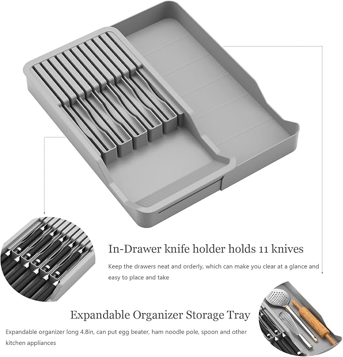 Knife Holder, In Drawer Knife Block Holder with Expandable Cutlery Tray Kitchen Drawer Organizer Insert-Holds 11 Knives for Save Space & Kitchen Safety (Drawer knife holder, Plastic)