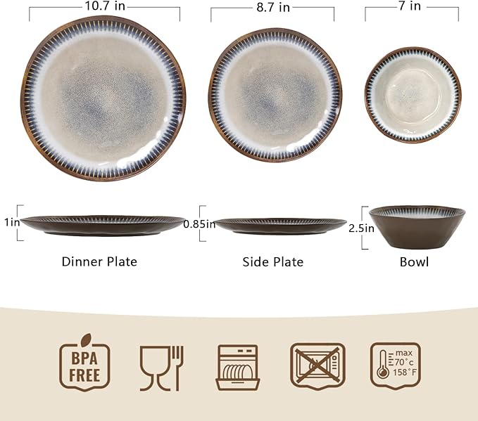 Melamine Dinnerware Set, 12 Pcs Dishware Sets, Plate and Bowl Set Service for 4, Lightweight and Unbreakable Dinnerware Sets for Camping, Great for RV, Dishwasher Safe, Sahara Beige and Blue
