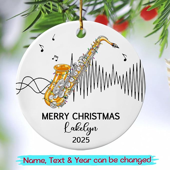 Personalized Saxophone Player Ceramic Christmas Ornament 2025, Customized Text Year Name Saxophonist Hanging Xmas Ornaments Gift, Unique Saxophone Instrument Ceramic Ornament for Women Men DDA Mom