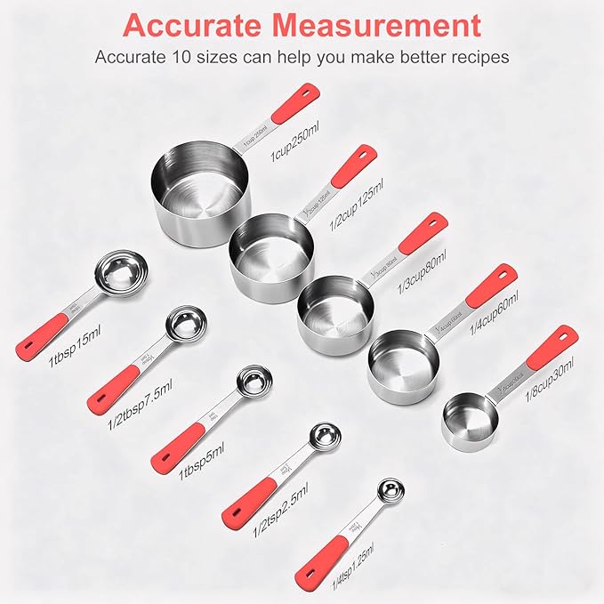 Measuring Cups and Spoons Set, Stainless Steel 10 Piece for Cooking and Baking (5 Cups + 5 Spoons, Red Handle)