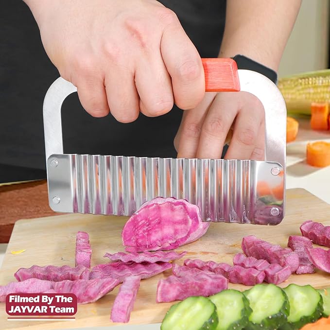 JAYVAR Extra-Large Crinkle Cutter Wave Potato Slicer – Stainless Steel French Fry Cutter for Restaurants, Waffle Slicing Tool, Crinkle Chopping for Potatoes, Kitchen Veggie Cucumber Slicer with Handle