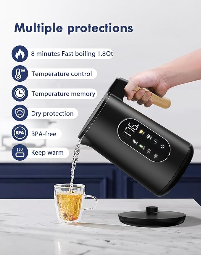 Electric Kettle 1500W Rapid Boil, 1.7L (1.8 Qt) 304 Stainless Steel, BPA-Free | 4 Temperature Presets for Baby Milk, Coffee, Tea | 2-Hour Keep Warm, Cool Touch Exterior