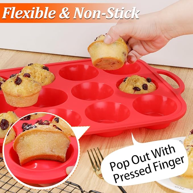 CAKETIME Silicone Muffin Pan, Metal Reinforced Frame Silicone Cupcake Pan Regular Size 12 Cups Nonstick Muffin Tins for Baking Easy to Move 2 Pack Red