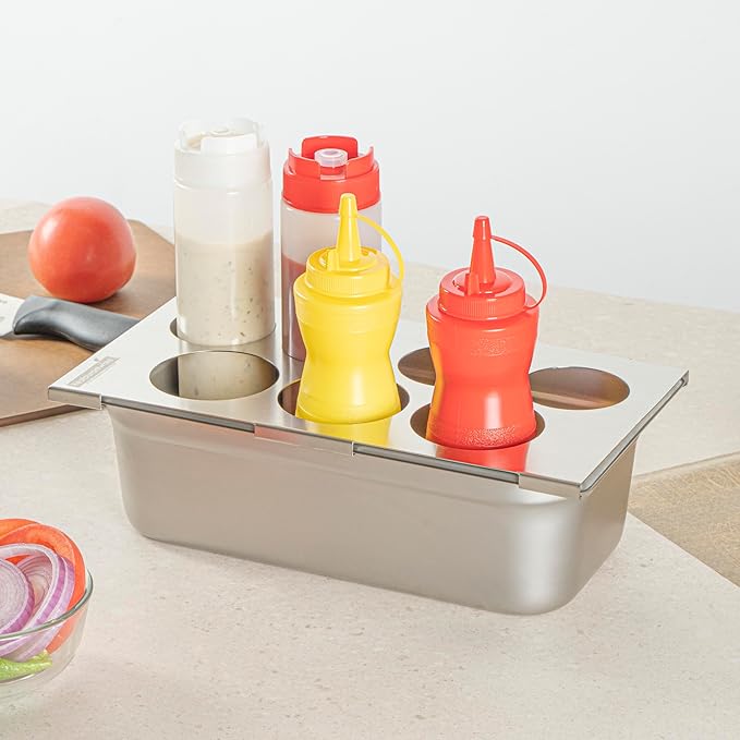 Restaurantware Squeeze Bottle Template Pack of 1 Stainless Steel 7 Hole Holder Top, 2.5" and 2.93" Diameter Fits 1/3 Size Food Pans, Dishwasher Friendly Integrated Lip Design Holder Top