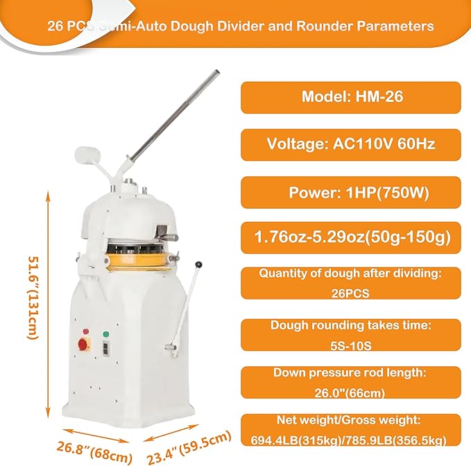 INTSUPERMAI 26 PCS Dough Divider Rounder Machine Semi-Automatic Electric Commercial Dough Splitting Ball Machine Burger Dough Cutter Rounder Machine 50-150g 110V