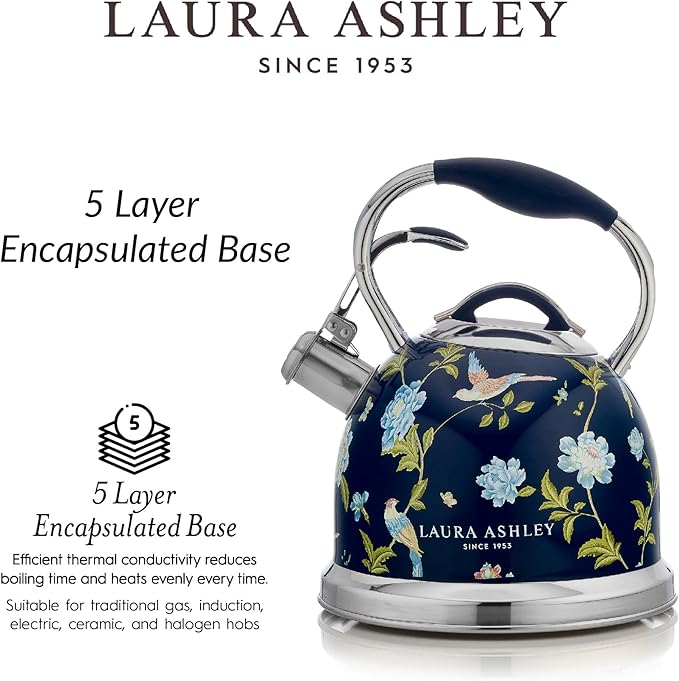 VQ Laura Ashley Elveden Navy 2.5L Stainless Steel Tea Kettle Stovetop Whistling Teapot for Induction, Gas Hob or others. Silicon Coated Cool Handle & Push Button Mechanism Vintage Stove Top Kettle