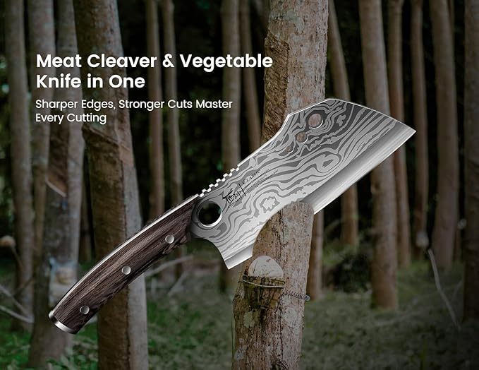 Meat Cleaver Chef Knife with Sheath, 7.7 Inch Butcher Knife with Herb Stripper, Chopping Knife Heavy Duty Bone Cutting, Damascus Pattern Full Tang Wood Handle, Birthday Gift for Men