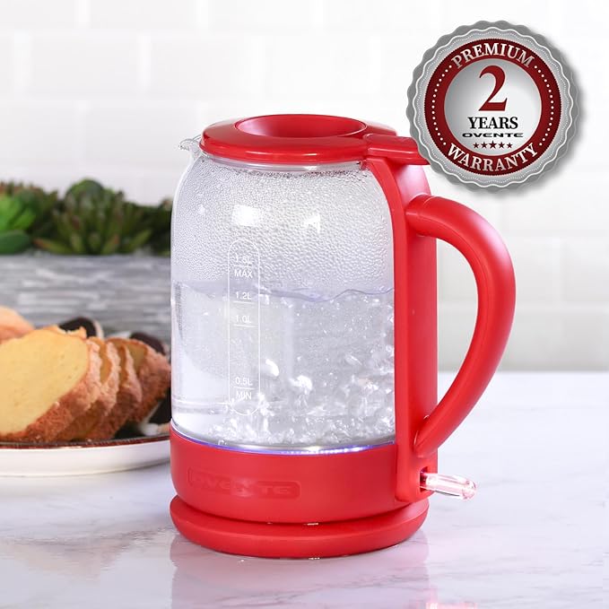 OVENTE Electric Kettle with 1.5L Borosilicate Glass, 1500W Fast Boiling Water Heater for Coffee or Tea, Easy to Fill Lid, Auto Shut-Off, Boil-Dry Protection & Stainless Steel Filter, Red KG516R