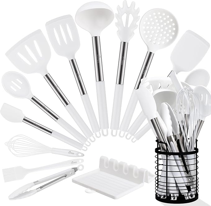 HOTEC Heat Resistant Silicone Kitchen Utensils, Cooking Utensil Set, Spatula Set, BPA Free, Kitchen Gadgets, Utensils Holder, Dishwasher Safe, 14pcs White