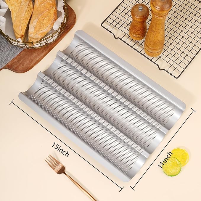 Hesanzol Baguette Pans for Baking 15" x 11", Carbon Steel 3 Loaf Nonstick Baguette Baking Tray for French & Italian Perforated French Bread Pan (2pack - Silver)