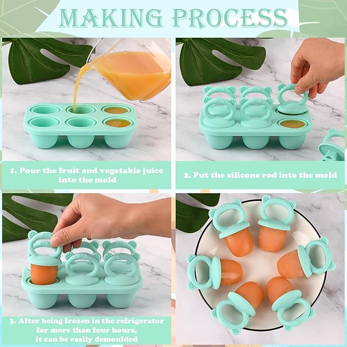Sakolla Baby Popsicle Molds Mini 6-Cavity Silicone Ice Pop Mold with Sticks Breastmilk Popsicle Molds for Teething Relief Toddler Popsicle Mold for Ice Cream Frozen Yogurt and Fruit Juice (Green)