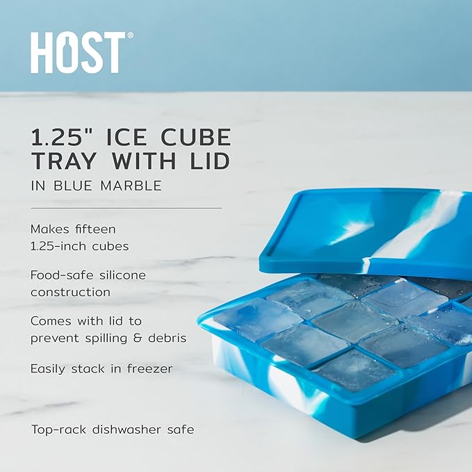 Host Ice Cube Tray with Lid, Makes 15 1.25" Cubes, Durable Silicone Trays, Perfect for Cocktails, Beverages, Mocktails, Iced Coffee, Tea, Infused Water, Kitchen Essentials, Set of 1, Blue Marble