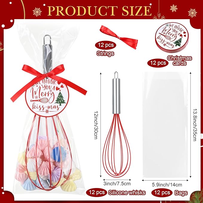 12 Sets 12 Inch Christmas Whisks Gifts DIY Fillable Christmas Tree Ornaments Xmas Colored Silicone Whisks for Cooking Heat Resistant Egg Beaters with Card Rope Bag for Candy Holder