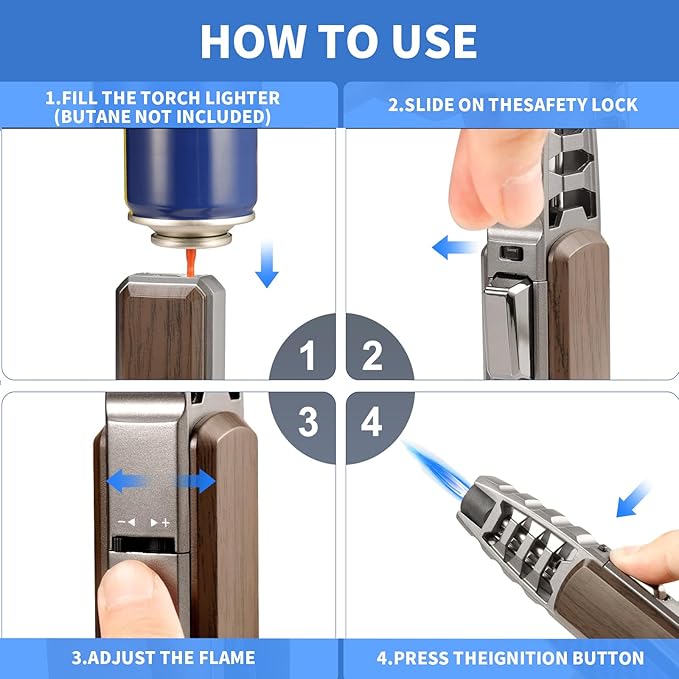Butane Torch Lighter,Windproof Refillable Kitchen Cooking Torch,Adjustable Flame Solar Beam Blow Torch with Safety Lock for Candle Camping BBQ (Not Included Butane Gas) (Brown)