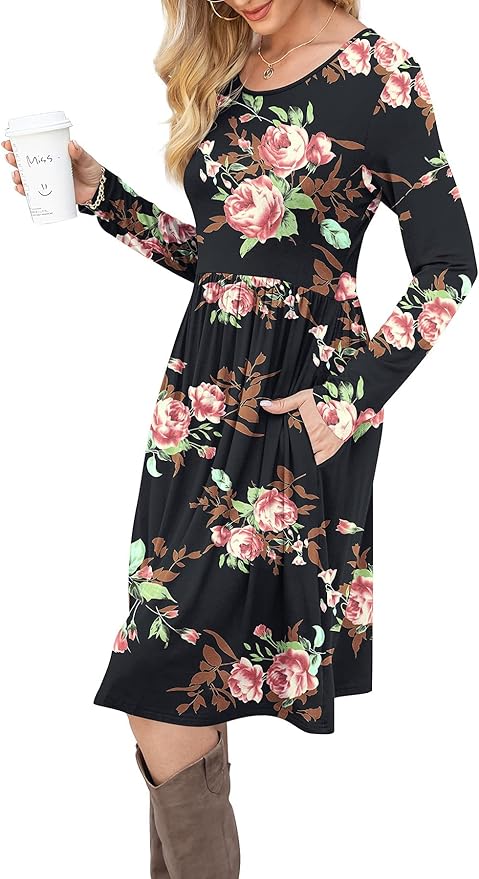 DB MOON Women Casual Long Sleeve Dresses Empire Waist Knee Length Loose Dress with Pockets
