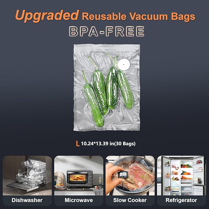 30 PCS Reusable Vacuum Sealer Bags for Food, 10x13 Inch Vacuum Storage Bags with Air Valve, Compatible with Most Handheld Food Saver Machines for Freshness Preservation & Sous Vide