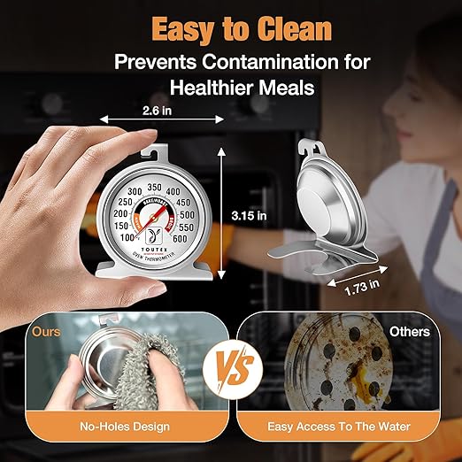 2-Pack Oven Thermometer, Upgraded 100-600°F No-Holes Non-Discoloring Easy-to-Clean for Healthier Cooking, Easy-to-Read with Large Bright Numbers for Gas & Electric Ovens, Grills, and Smokers