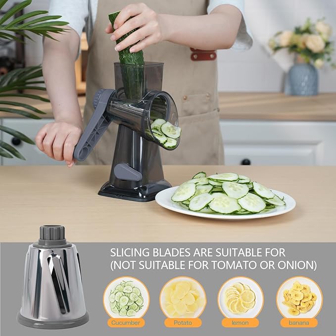 Rotary Cheese Grater Multi-Purpose Stainless Steel Shredder- Cheese Grater With handle Effortless Grating of Vegetables, Nuts and Fruits,with Suction Base and Cleaning Brush (gray)