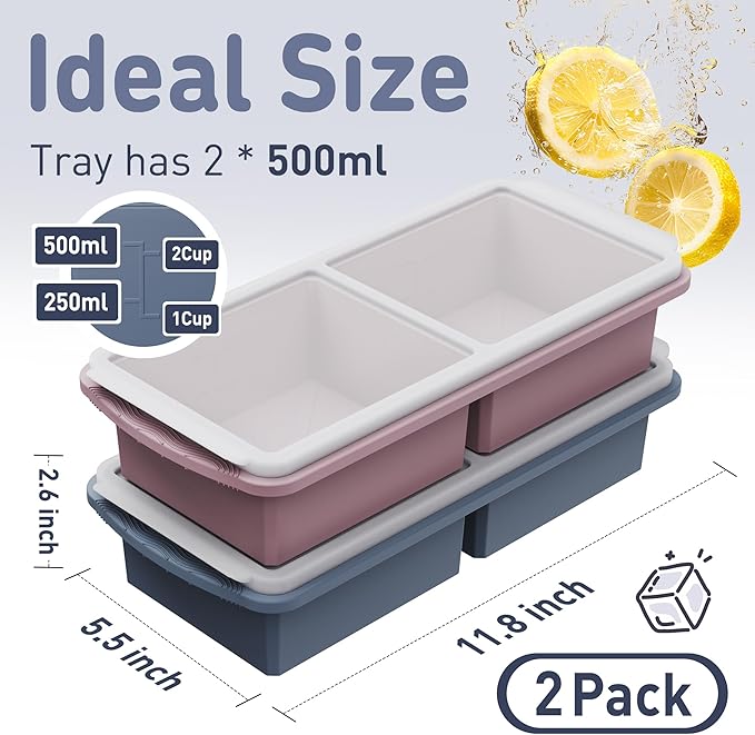 Silicone Freezer Tray with Lid Soup Freezer Container Molds with Steel Reinforced Rim Large Ice Cube Tray Makes 4 Perfect 2 Cup Portions Cubes Storage Food Housewarming Gift Kitchen Must Haves