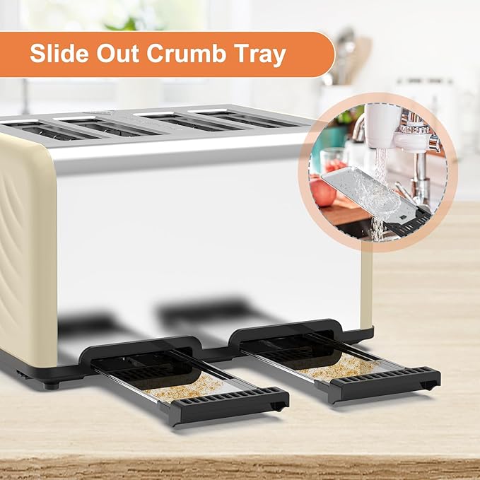 Toaster 4 Slice, KitchMix Bagel Stainless Toaster with LCD Timer, Extra Wide Slots, Dual Screen, Removal Crumb Tray (Cream)