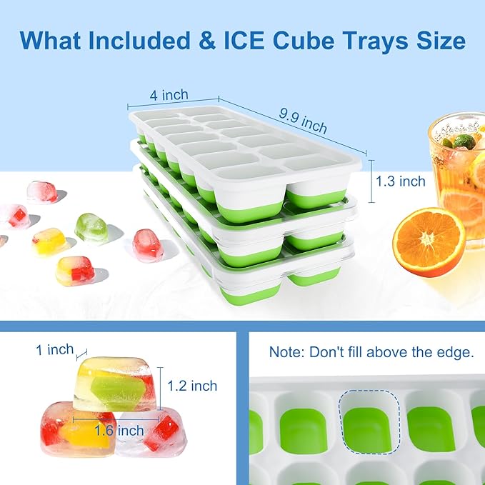 Ice Cube Tray, Ice Cube Trays for Freezer 3 Pack with Lids, Ice Tray Easy-Release, Ice Trays for Freezer Stackable, Silicone Ice Cube Tray for Drinks, Coffee - BPA-Free and Odor-Free