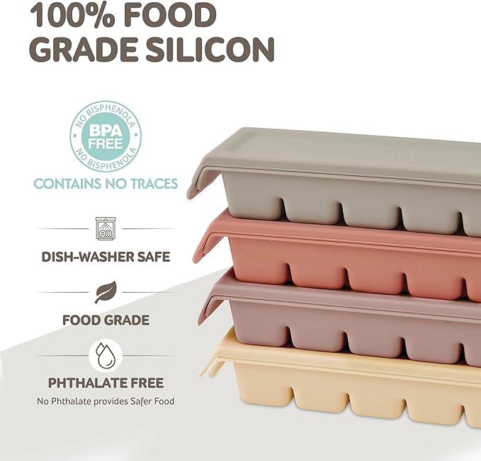 Silicone Freezer Trays with Lid,2ea 0.7oz 12 Cube-Leak Proof Silicone Freezer molds for Homemade Baby Food Breastmilk, Purees, Vegetables, Fruit, Baby Food Jars Ice Tray with Lid BPA Free Beige
