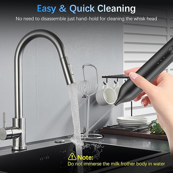 Rechargeable Milk Frother with Stand, Electric Frother Wand Handheld Coffee Foam Maker Detachable Stainless Steel Whisk Drink Mixer Foamer for Latte, Cappuccino, Hot Chocolate, Egg (Black)