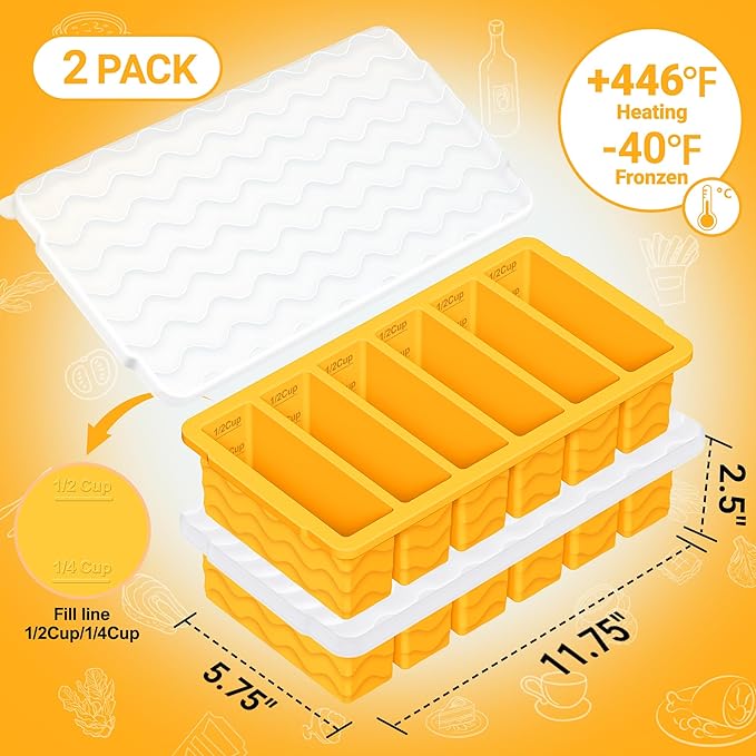 1/2 Cup Silicone Freezer Molds with Lid, 2-Pack Silicone Freezer Trays for Soup, Sauce & Broth – Meal Prep Containers, Large Ice Cube Tray, Oven & Dishwasher Safe