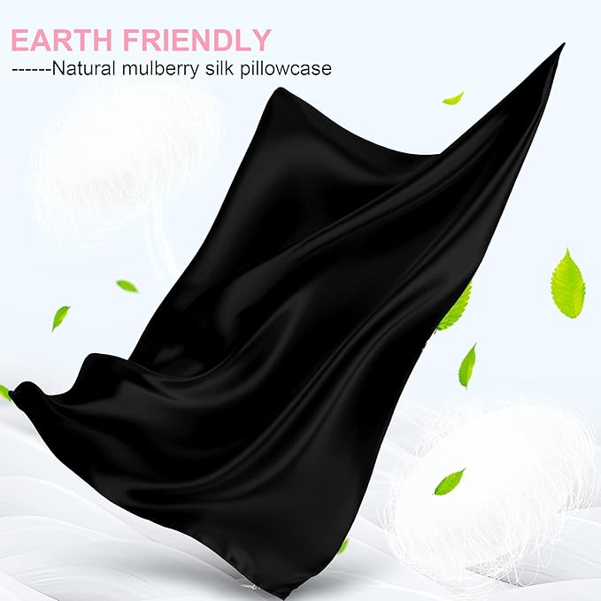 Mulberry Silk Pillow Cases Standard Size with Hidden Zipper, Ultra Smooth and Soft Breathable Cooling Silk Satin Pillowcase for Hair and Skin, Gifts for Women Men (Black, 20x26 Inches, 1 Pack)