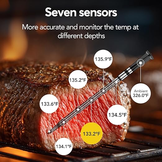 Sub-1g WiFi Wireless Meat Thermometer Unlimited Range with Digital Smart Base 7 NIST Certified Sensors with Ambient Temp Monitor for BBQ, Grill,Oven, Smoker (1, Purple, Small)