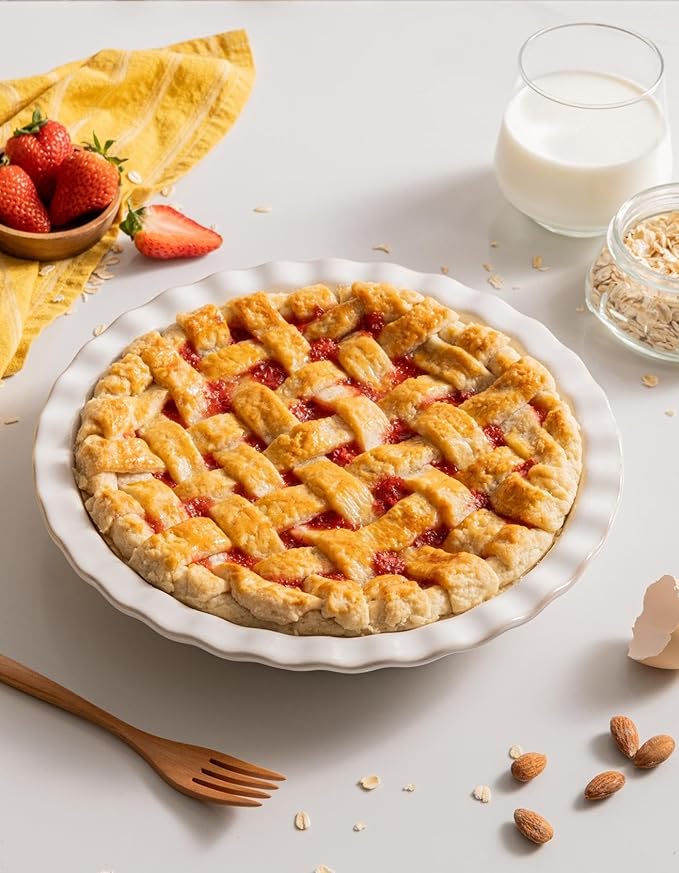 Ceramic Pie Dish for Baking, 9 inch Porcelain Pie Pan, Fluted Pie Plate for Apple, Quiche, Pot Pies, Tart, Modern Farmhouse Bakeware, Glazed White