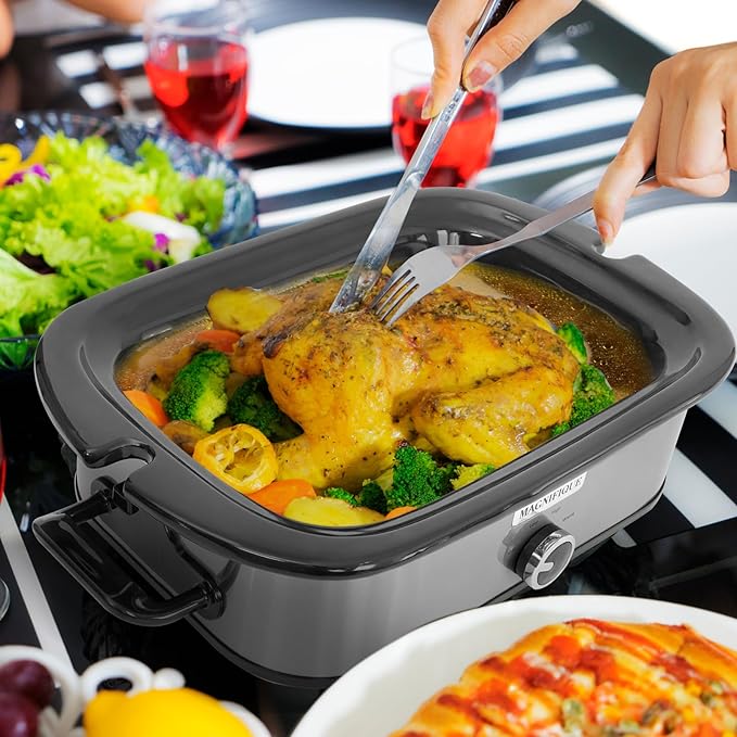 Magnifique 4-Quart Slow Cooker with Casserole Manual Warm Setting - Perfect Kitchen Small Appliance for Family Dinners, Dishwasher Safe Crock, Stainless Steel