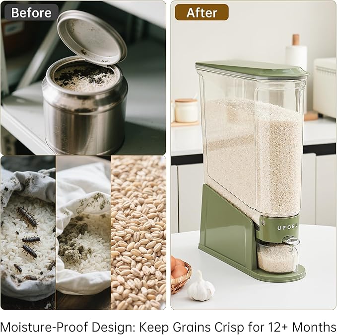 Rice Dispenser 11Lbs, Slim Rice Storage Container for Small Space, BPA-Free Clear Dry Food Dispenser Sealed Moisture Proof, Grain&Cereal Storage Bucket for Kitchen Pantry Household,Green